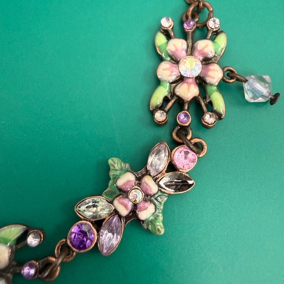 Cookie Lee Enamel Floral Green  and Pink  and crystals Necklace - Picture 3 of 8